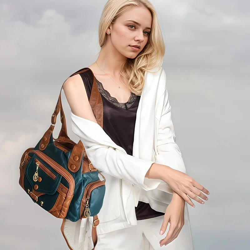 1PCS Green Multi Pocket Vintage Shoulder Bag Soft PU Leather Handbag With Extra Strap Casual Daily Shopping Women Tote Bag