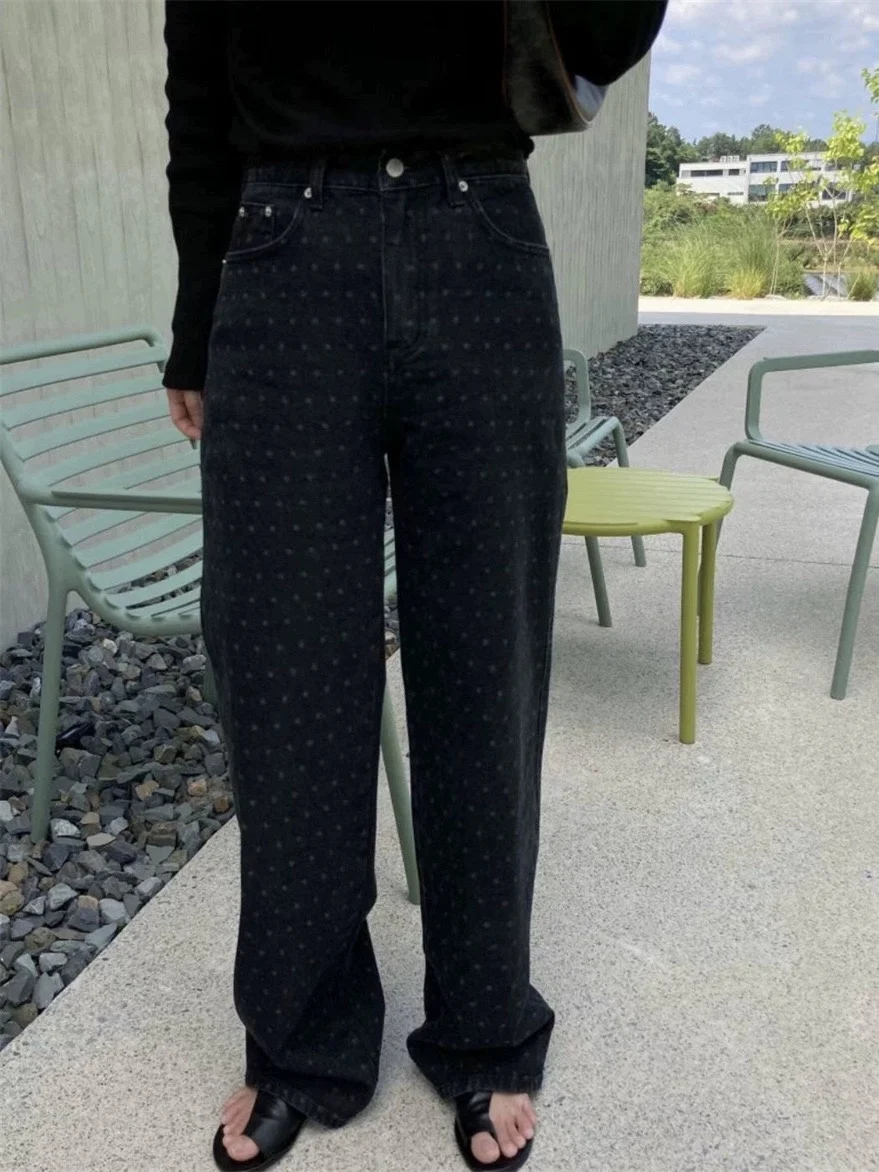 

Candy Miss Korean Style High Waist Straight Leg Long Black Polka Dot Denim Jeans Women's Autumn Winter Fashion Ladies Jeans