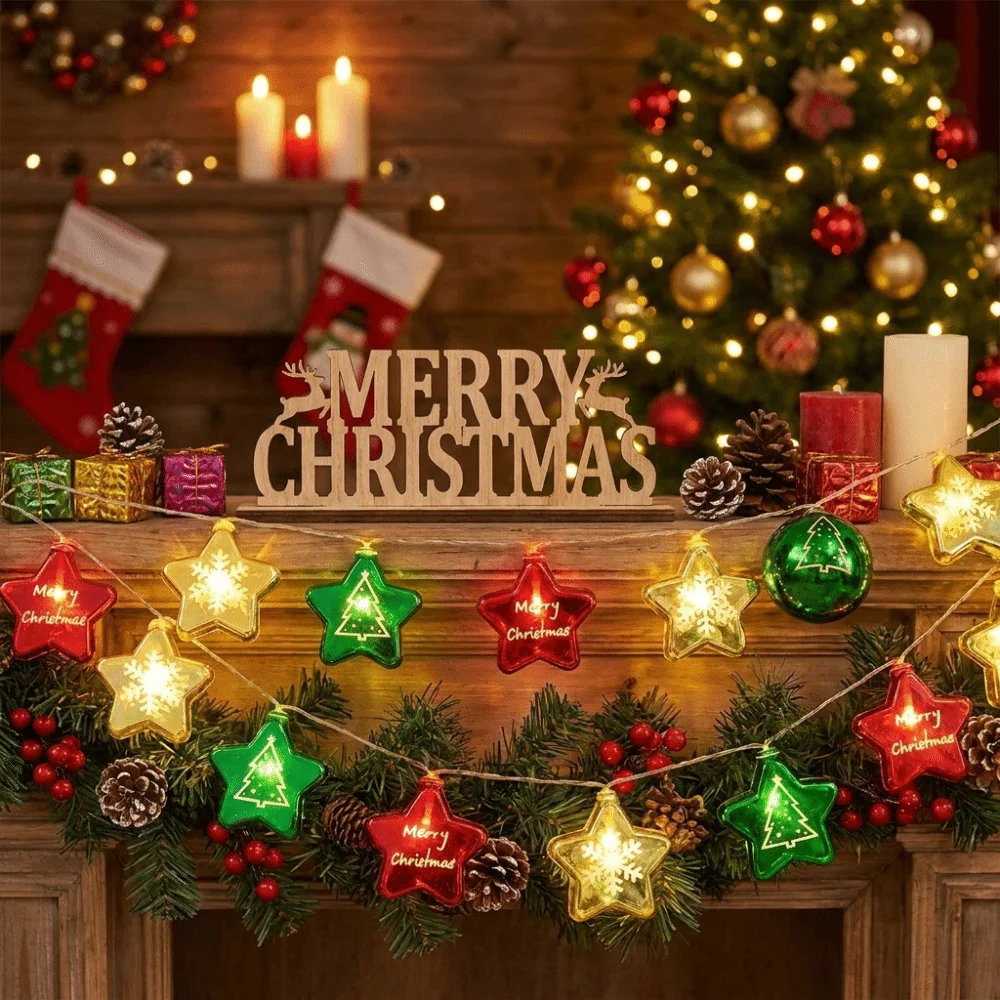 Ornament Electroplated Christmas String Lights Warm White Star Shaped Hanging Lights PVC Material Round Ball Fairy Lights Party