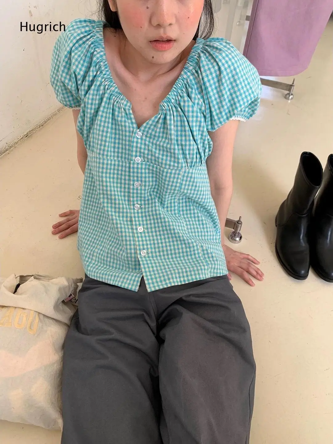 Fresh Light Teal Gingham Plaid Short Sleeve Top Elastic Ruched V Neck Puff Sleeve Button Front Cute Daily Blouse