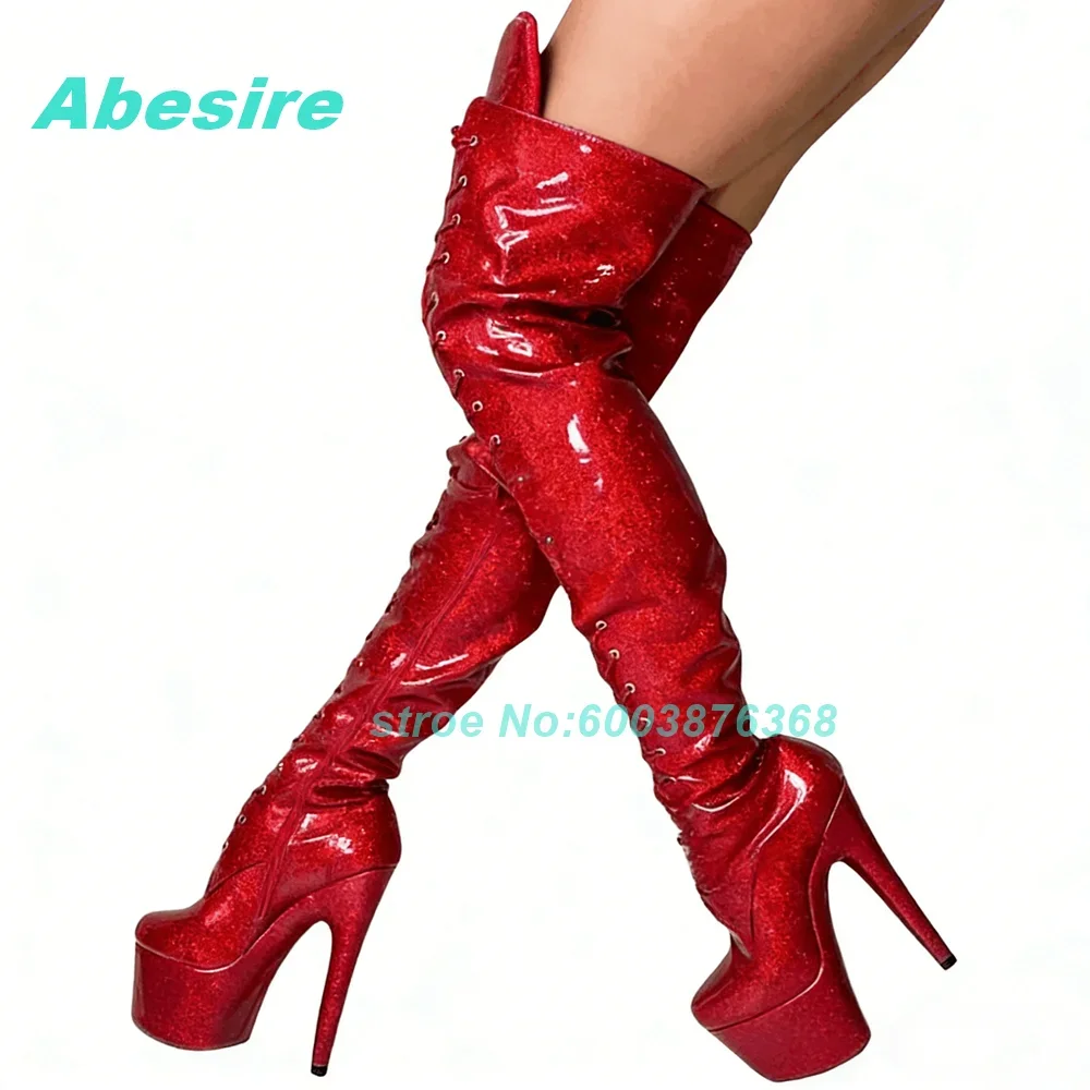 

Platform Stiletto Heels Zipper Shoes for Women Bling Patchwork Cross-Tied Over The Knee Boots Spicy Girls Stage Style Shoes New