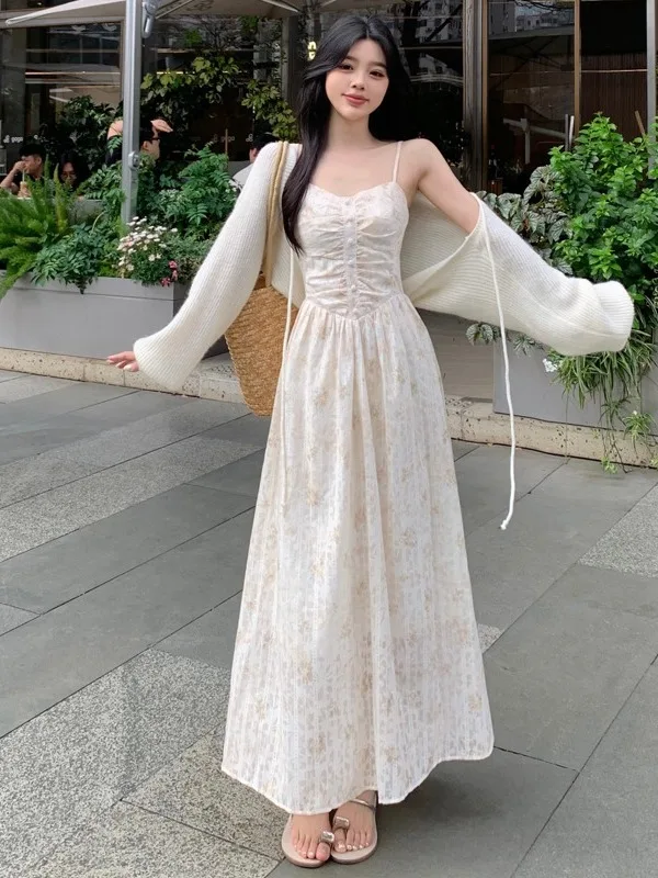 

plus Size Women's Floral Print Gauze Wrap Dr A-Line Long Dr Set High Waist Belted Korean Sle Commute Spring 2025