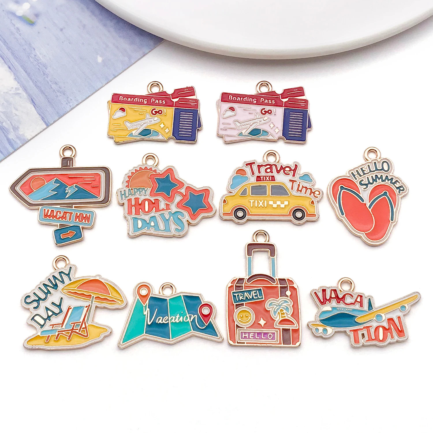 Travel Theme Enamel Charms Bulk - Vacation Summer Pendants for DIY Jewelry Making Keychain