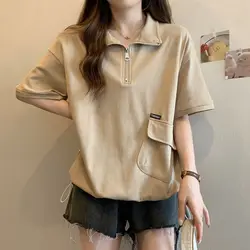 Polo Zipper T Shirts Women Summer Casual Loose Short Sleeve Pullover 2025 new Korean Lady Fashion Shirring Black Tops