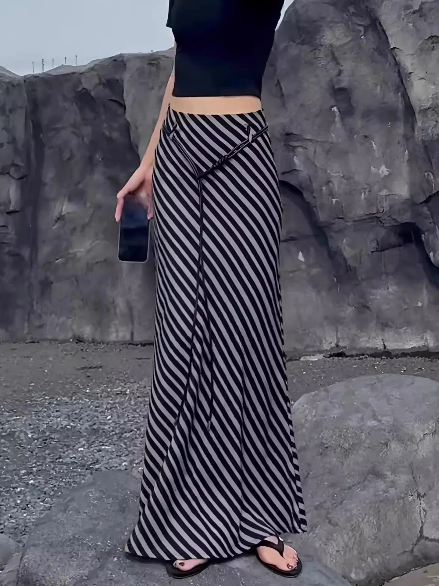 

Fashion High Waist A-Line Skirt Slimming Long Stripe Fish Tail Spring Summer plus Size Versatile Trendy Half-length Skirt