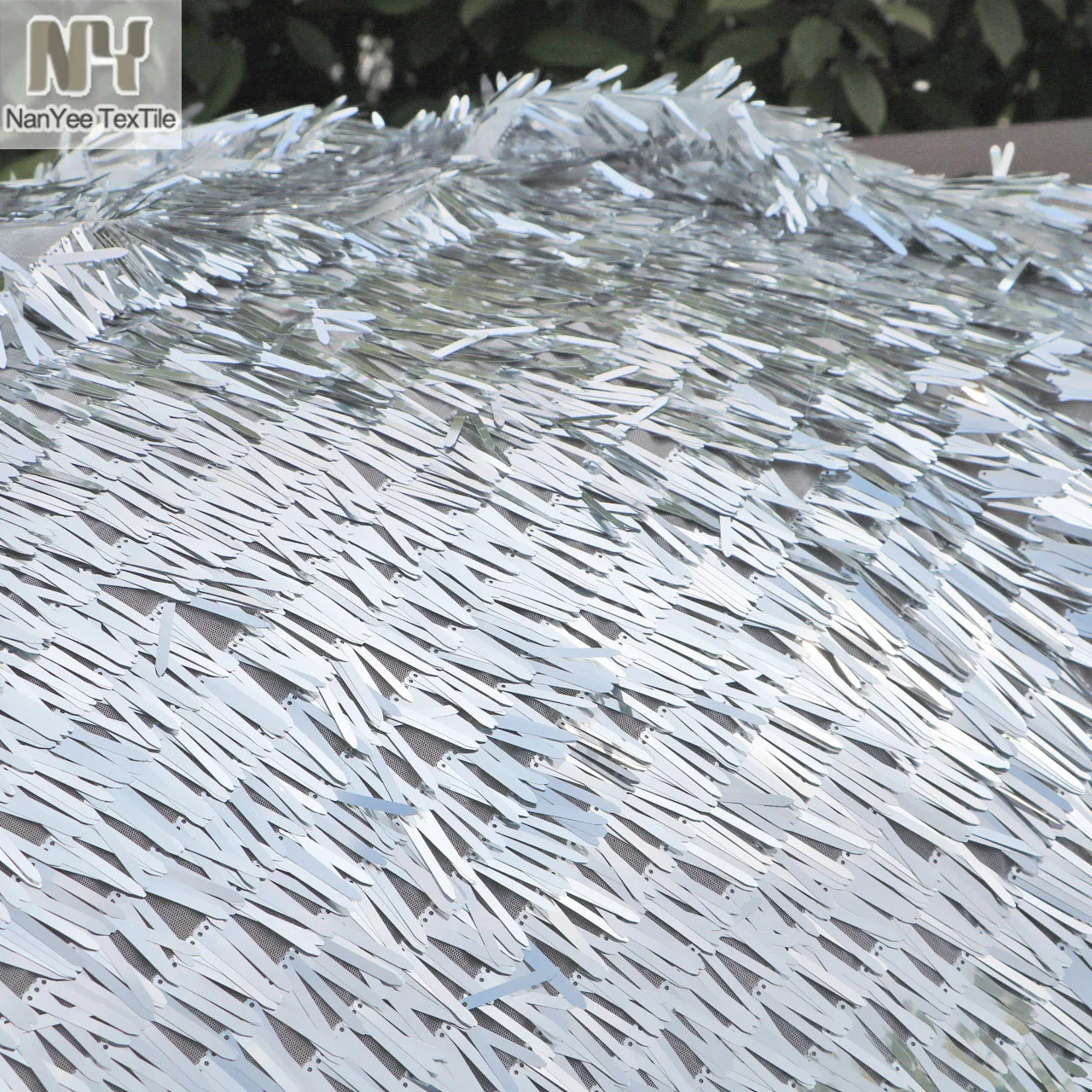 Long Spike Sequins Silver Iridescent Sword Shape Sequin Embroidery Mesh Fabric For Costume Dress Sold By Yard