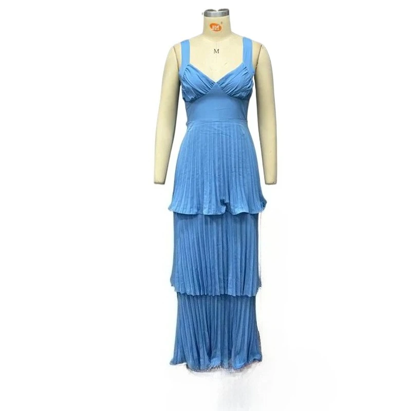 

Sexy V-neck Open Back Ruched Chiffon Tiers Long Dress Blue