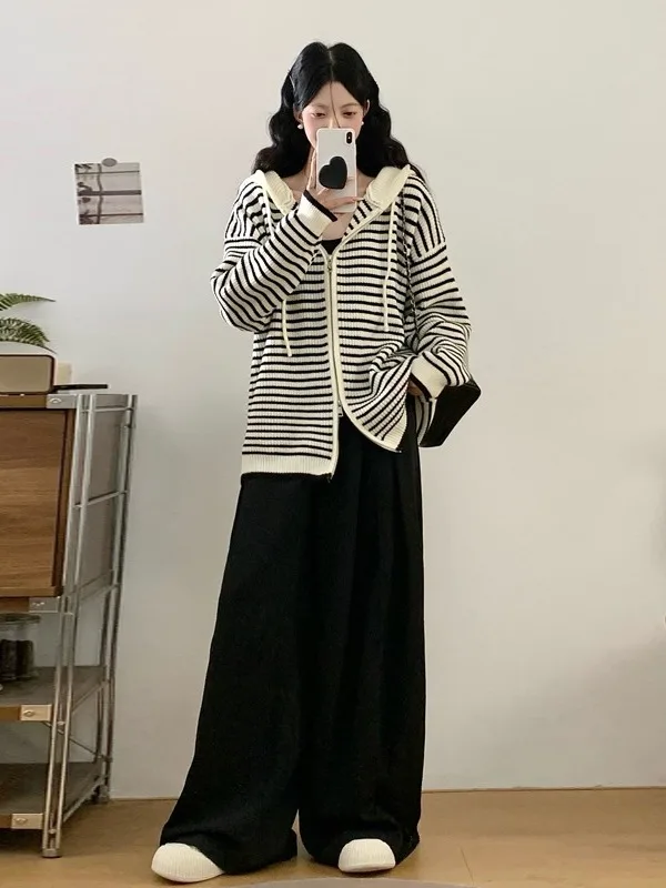 

plus Size Women's Lazy Stripe Loose Sweater Coat Autumn Winter High Waist Drape Wide Leg Pants Faionable Two-Piece Set