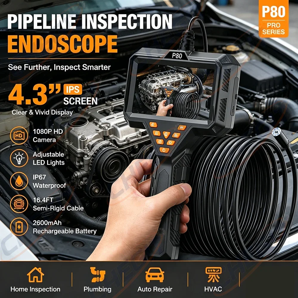 

Detachable Borescope Single&Dual 8mm Camera 1080P HD with 4.3'' Screen IP67 Endoscope Inspection Camera for Piping Engine