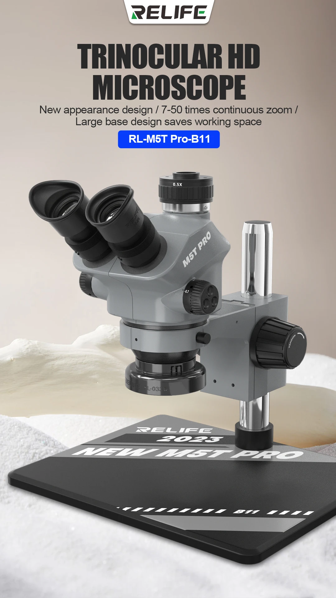 Microscópio trinocular HD RL-M5T Pro-B11 Novo design de aparência, ocular grande angular HD 10x, zoom 7-50 vezes, foco preciso。