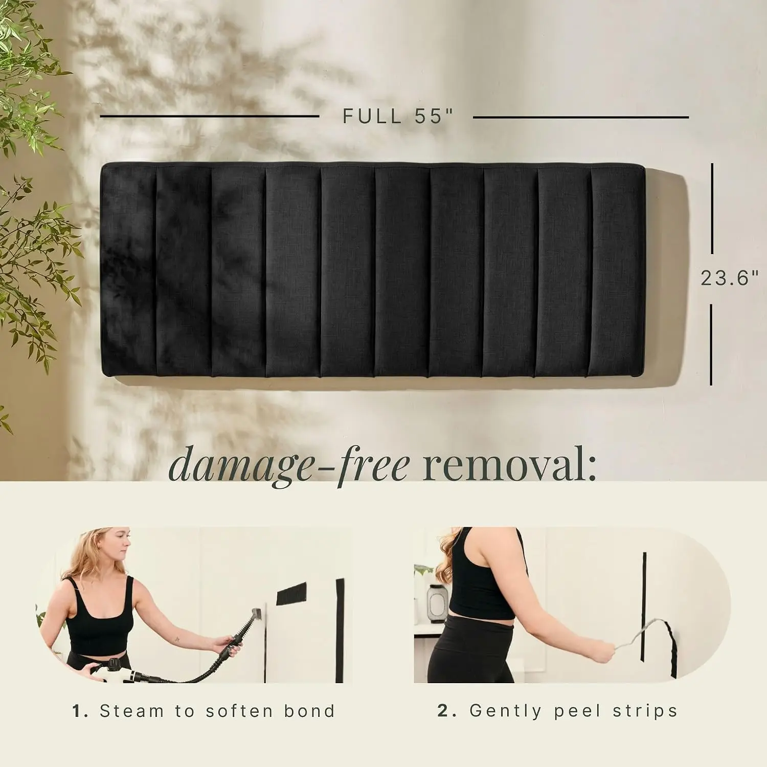 Full Size Upholstered Headboard, Wall Mounted Floating Headboards with Channel Stitching, Peel & Stick 3D Soundproof Wall Panels, Easy to Assemble, Black - view 2