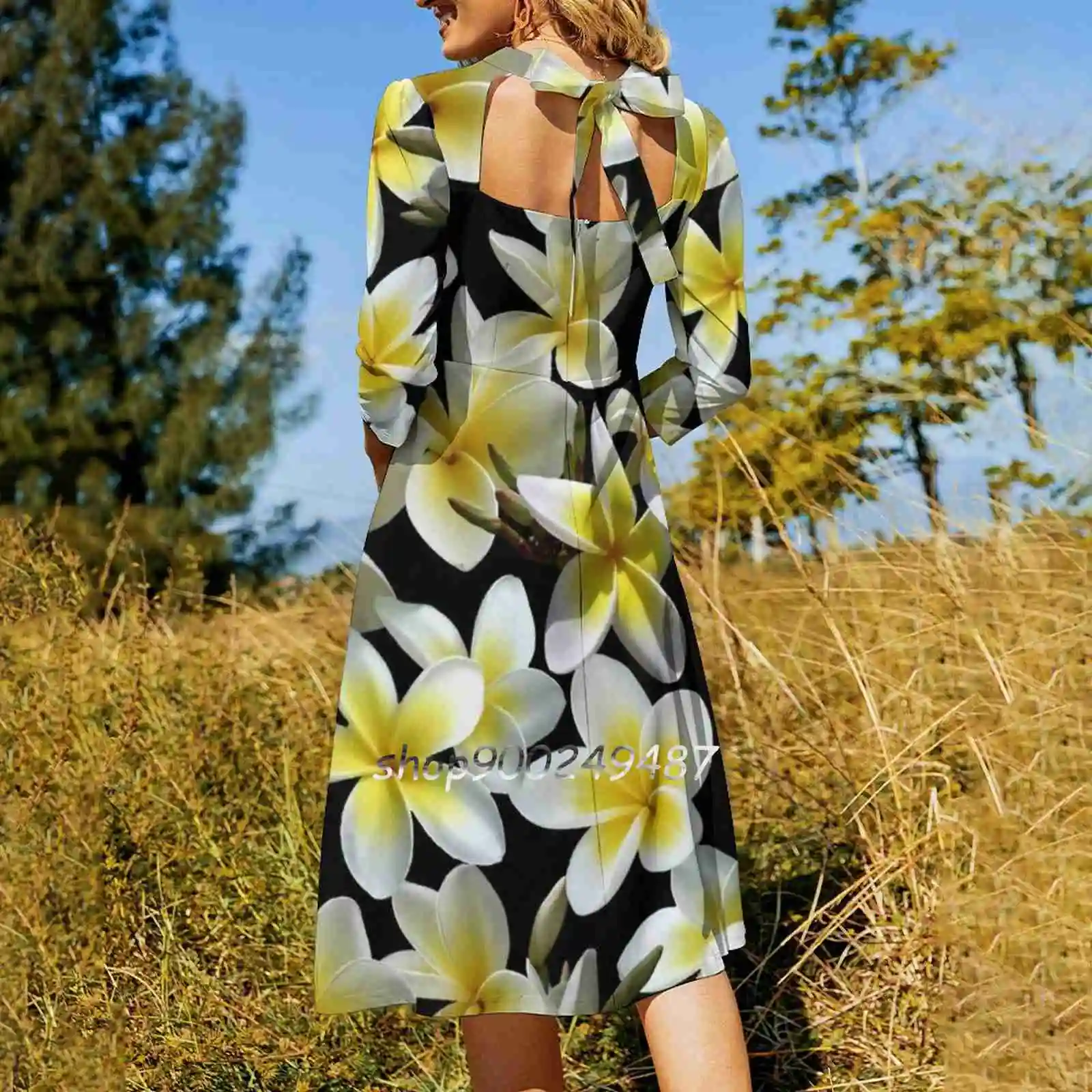 Plumeria Pattern Yellow On Black Sweet Elegant Dress Women Korean Kawaii Square Collar Dress Tropical Flowers Aloha Plumeria