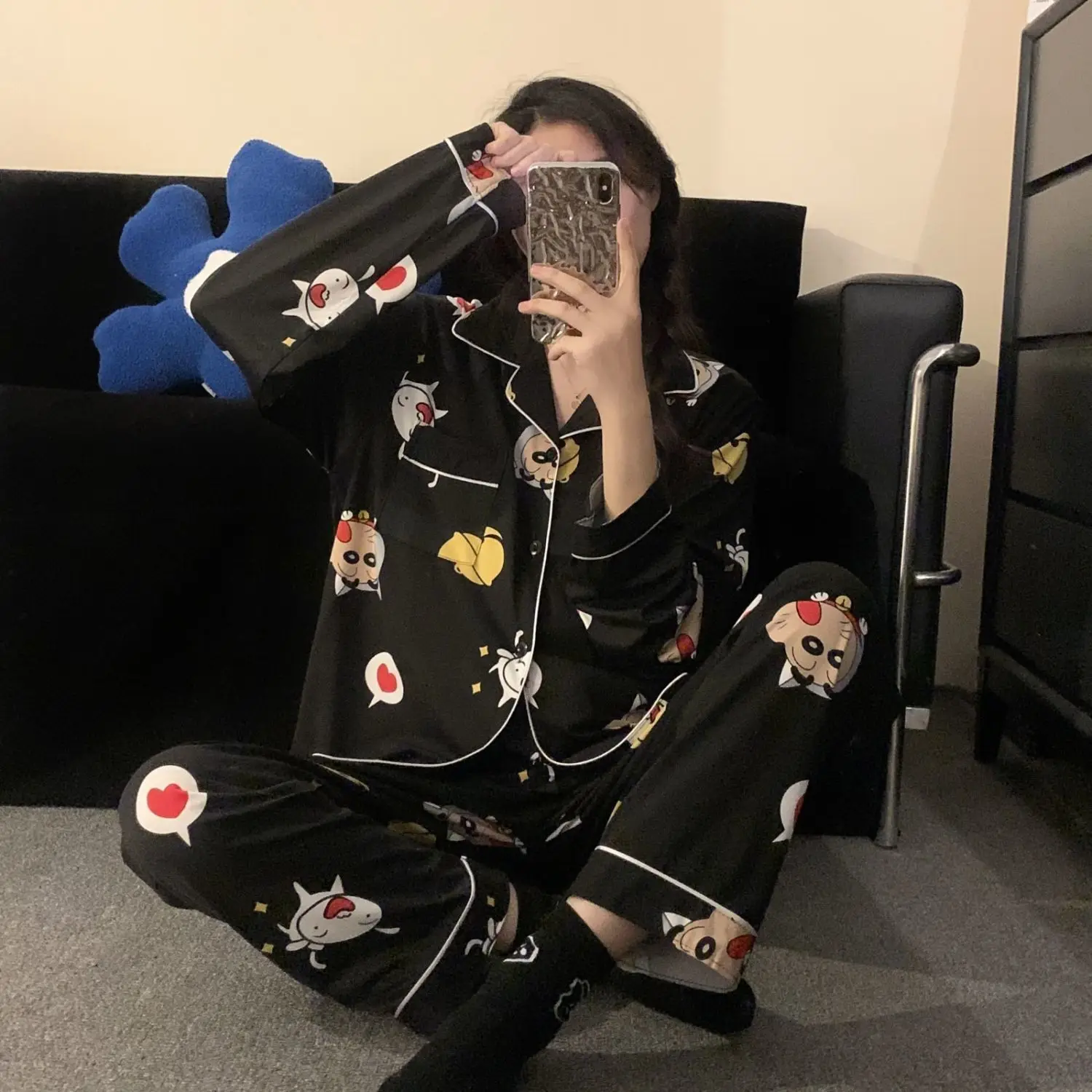 

2Pcs Crayon Shin-Chan Woman's Pajamas Set Girls Pjs Anime Spring Lapel Long Sleeves Pants Cartoon Casual Kawaii Student Homewear