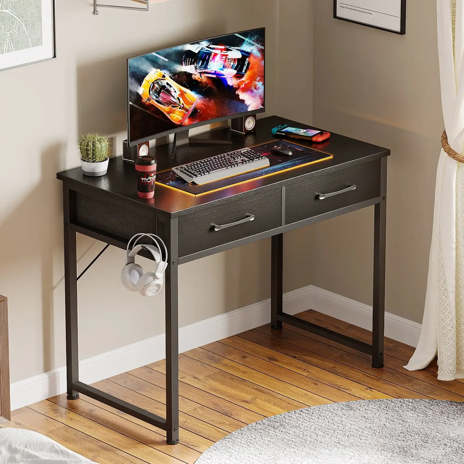 32 Inch Black Writing Desk with 2 Fabric Drawers, Modern Study Table with Storage  Small Space, Home Office Desk