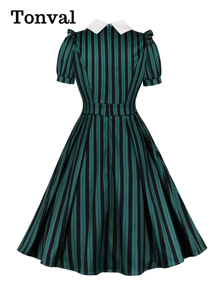 Tonval Contrast Collar Bow Front High Waist 40s 50s Vintage Dress Women Green and Black Striped Formal Pleated Dresses