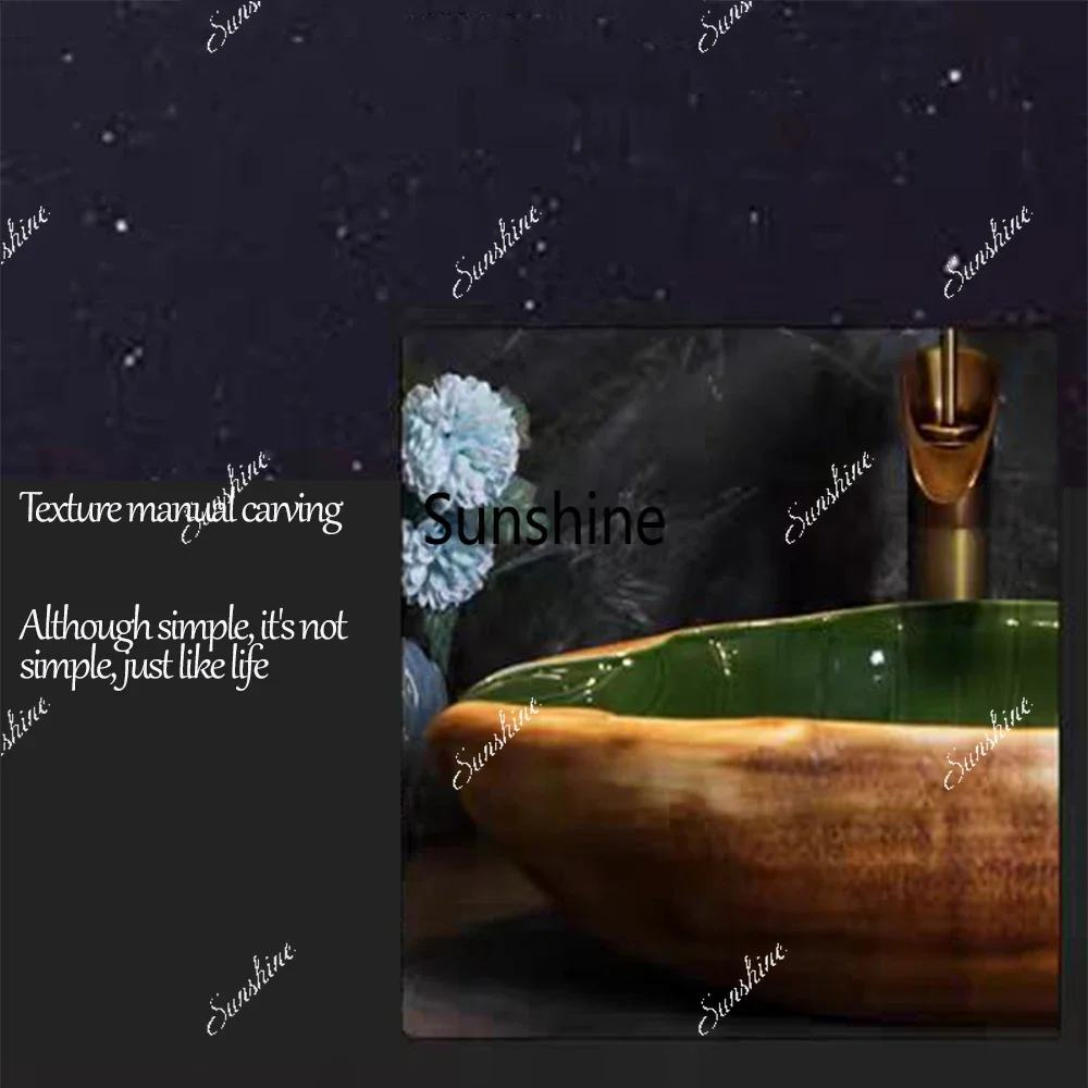 Picture 4: JIENI Art Ceramic Bathroom Sink Set Leaf Style Washbasin W/ Waterfall Antique Brass Faucet Pop Up Drain High End Porcelain Sinks