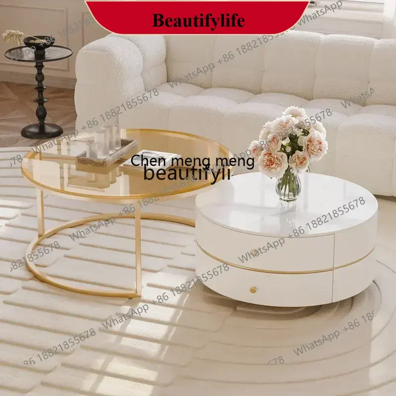 D178 Y zq Cream Style Stone Plate Coffee Table Living Room Home Modern Simple round Glass Coffee Table Small Apartment