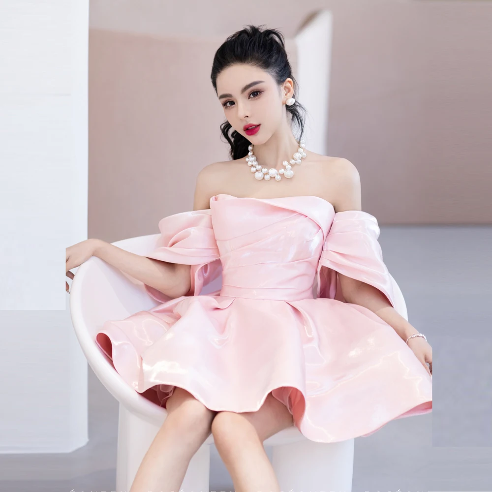 Beauty-Emily Vintage Off The Shoulder Evening Dresses Long Satin Prom Dress Elegant Women Formal Gowns Wedding short Dress Party