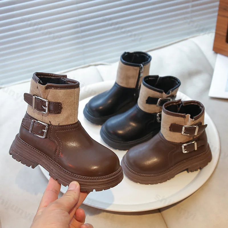 

Детские полусапожки, зимние модные хлопковые туфли с пряжкой и ремешком на боковой молнии, легкие удобные нескользящие кожаные ботинки для девочек