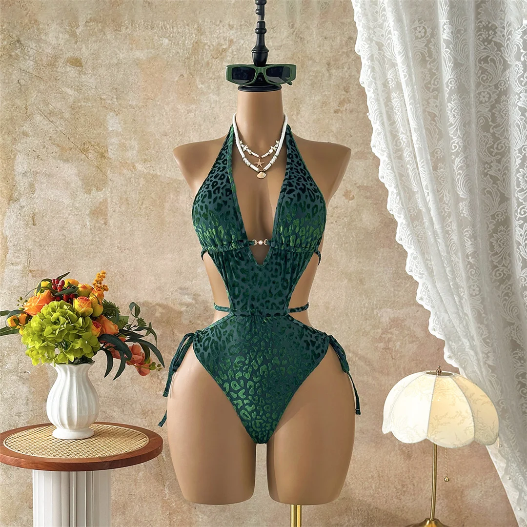 XS - L, tiefes V-Ausschnitt-Design, Leopardenmuster, Damen-Badeanzug, einteiliger Badeanzug, Damen-Badebekleidung mit Ausschnitten, Wickel-Badeanzug, Badeanzug, Modell V8077. – Detail 14
