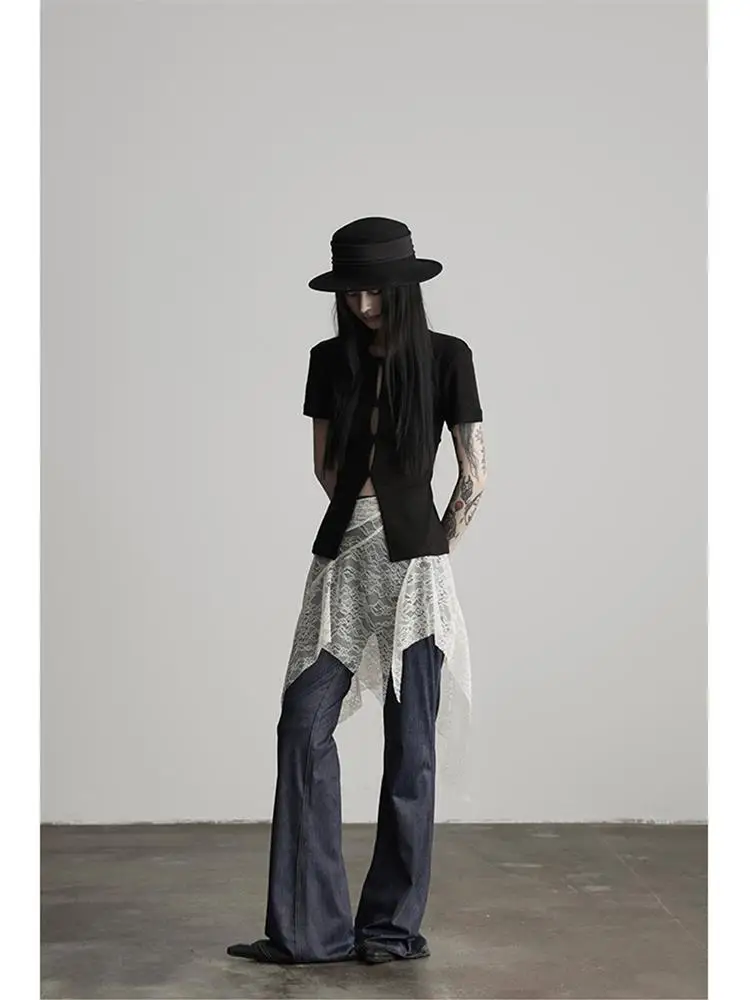 

Casual High Waist Bell Bot Jeans Women's Fairy Lace Curtain Loose Fit Long Pants Autumn New Sle Casual Hollow out Design