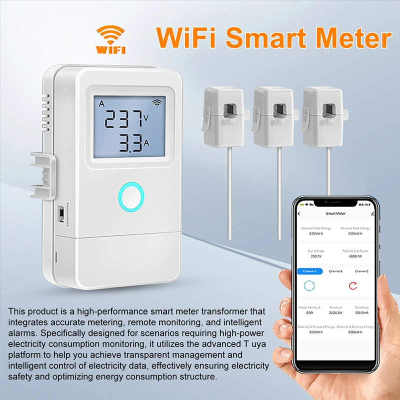 Tuya WiFi Smart Electricity Meter 3 Current Transformers 1 Way 16A Switch LCD Display Overheat Alarm Flame Retardant Material