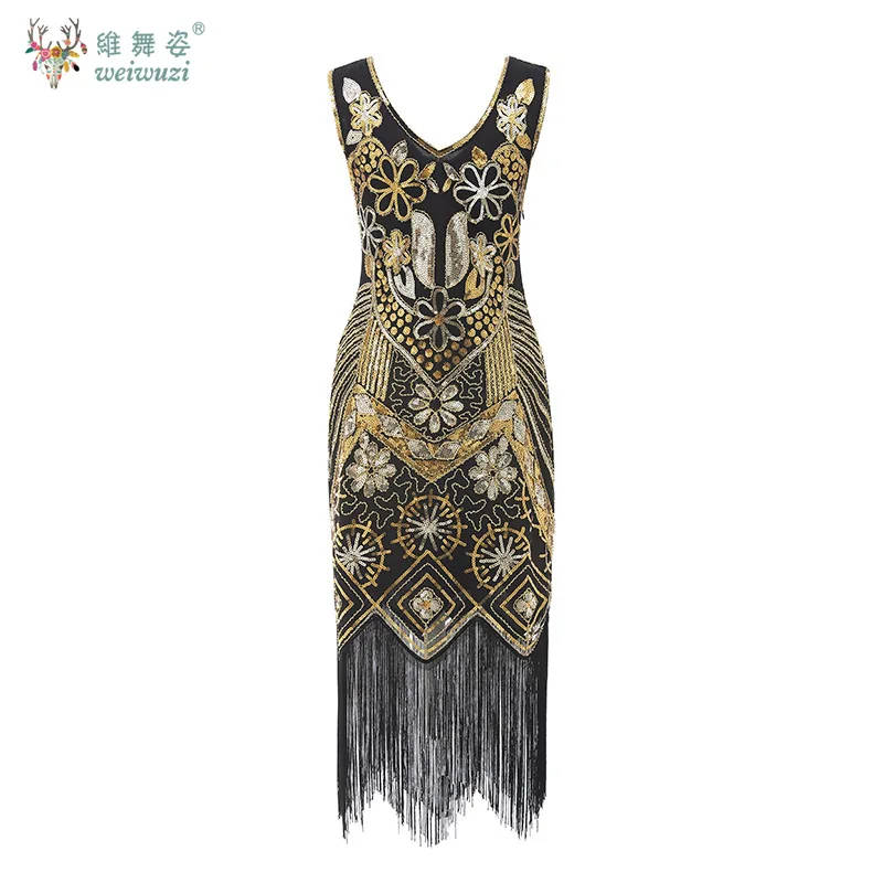 레트로 스타일 V넥 태슬 이브닝 드레스 민소매 스팽글 비즈 자수 꽃무늬 댄스 이브닝 드레스 공연 의상