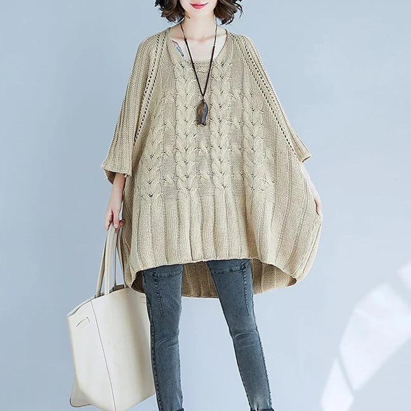 Autumn Winter Women\'s Simple Casual Hollow Oversized Knitted Sweater Chic Solid O Neck Long Sleeve Irregular Tunic Pullover Tops