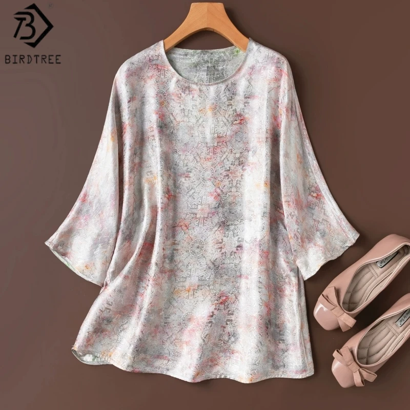 

Birdtree, 100% Silk Reversible Tshirt, Raglan Sleeve O-neck Tops, Women's Jacquard Satin Loose Shirt, 2026 Summer New T65706JF