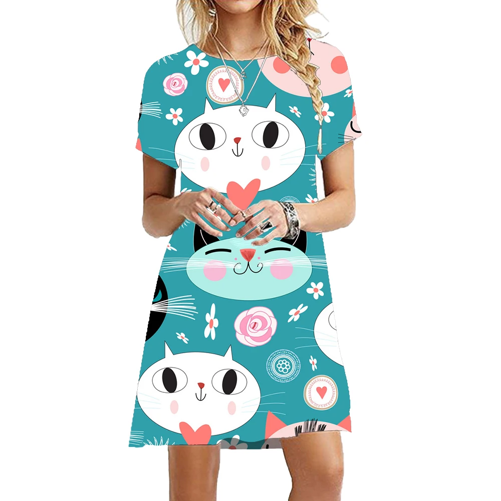 2023 Nieuwe Fashion Grappige Leuke Schilderen Katten Jurk Vrouwen Kawaii Korte Mouw Casual Jurk Oversized Zomer Dames Losse Kleding