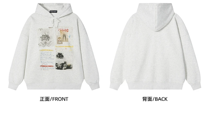 American Retro Printed Fleece Hooded Sweater Men's Autumn and Winter Couple Hoodie