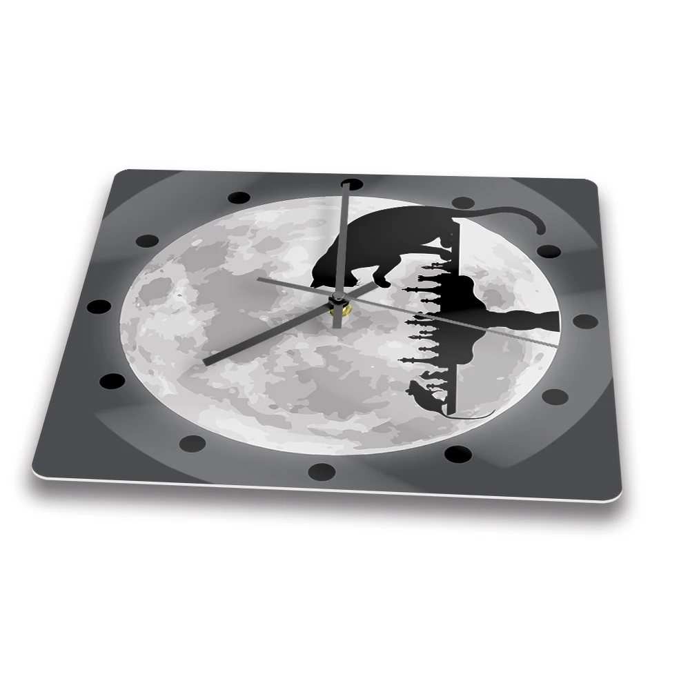 Cat Mouse Playing Chess Funny Animals Art Square Wall Clock Moon Night Home Decor Wall Watch Silent Clock Chess Lover Gift Idea