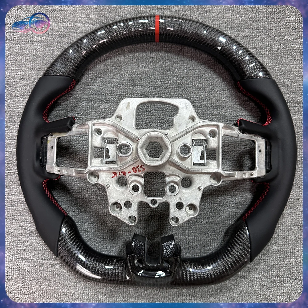For Ford Mustang Carbon Fiber Steering Wheel Red Style Perforated Leather Flat Bottom Sport Style GT Shelby Interior Upgrade