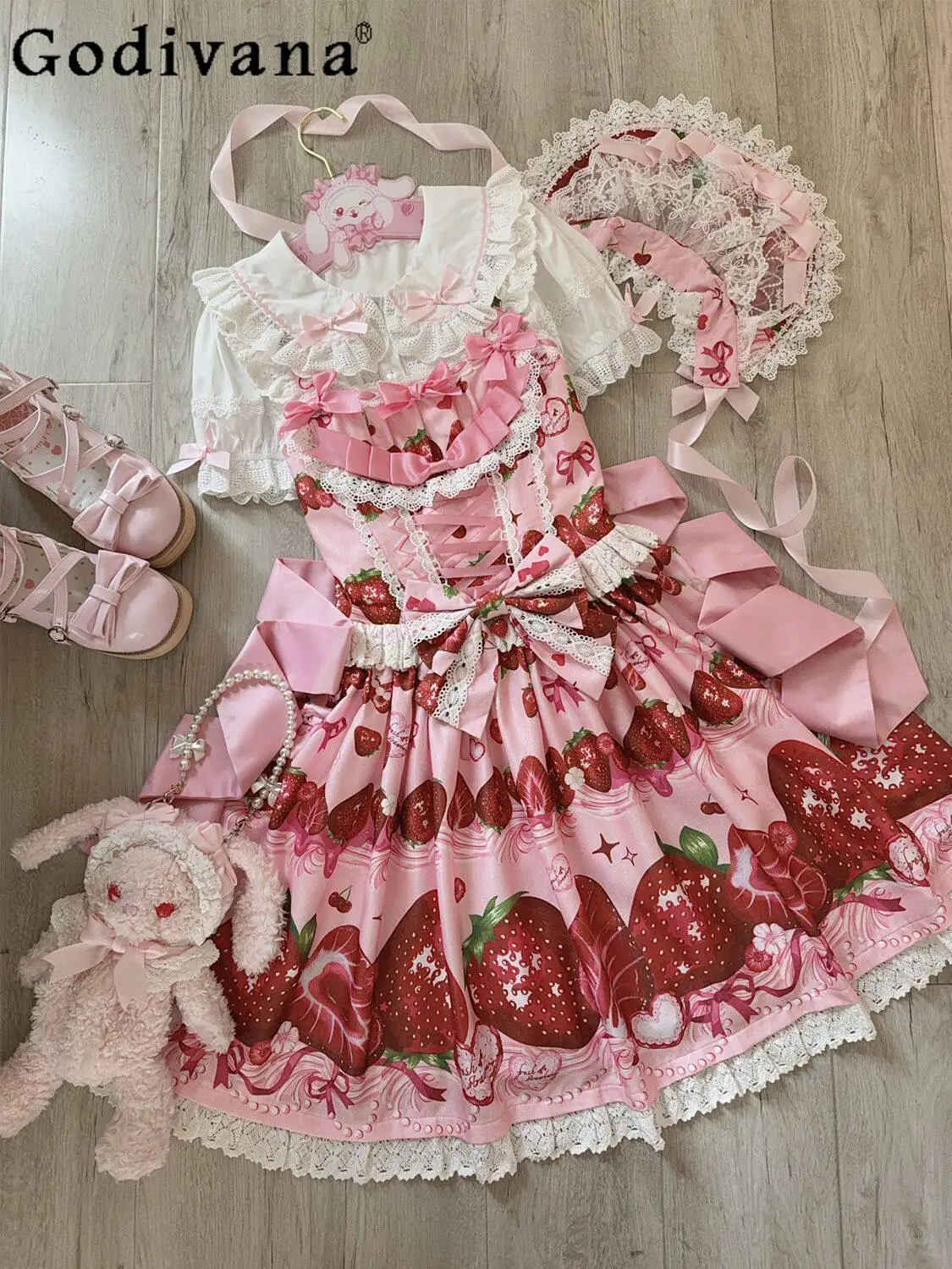 

Pink Lolita Strawberry Dresses Jsk Cute Girls Princess Birthday Party Dress Summer Kawaii Dress for Women Vestidos De Mujer