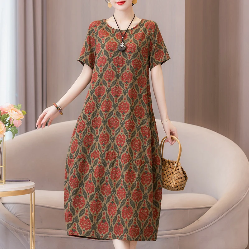 

New Fashion Vintage Floral Print Short Sleeve Casual Party Femme Summer Dresses For Women 2023 O-neck Straight Women Clothing