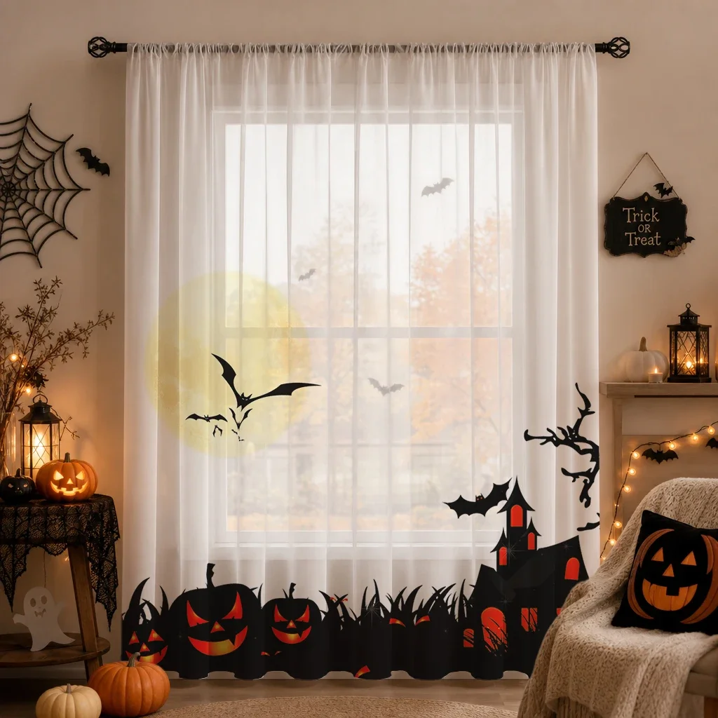 Halloween Festival Sheer Curtain, Good Quality Light Reducing Privacy Voile For Living/Bedroom/Kids Room,Halloween Festival Gift
