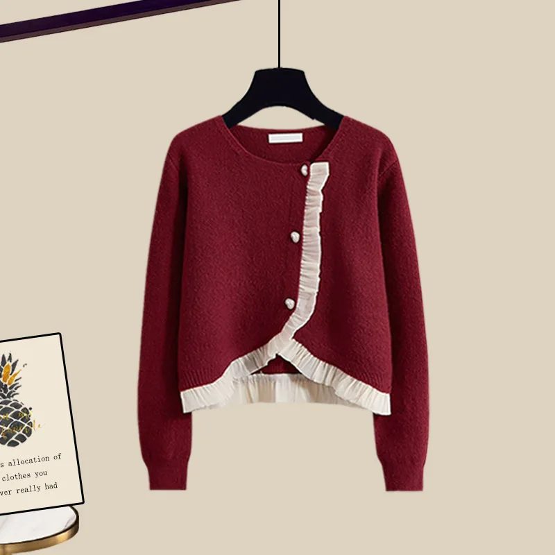 

Ruffle Patchwork Knitted Cardigan Women's ort Sle Autumn Winter New Outerwear Small Fraance Wind Sweater Jaet