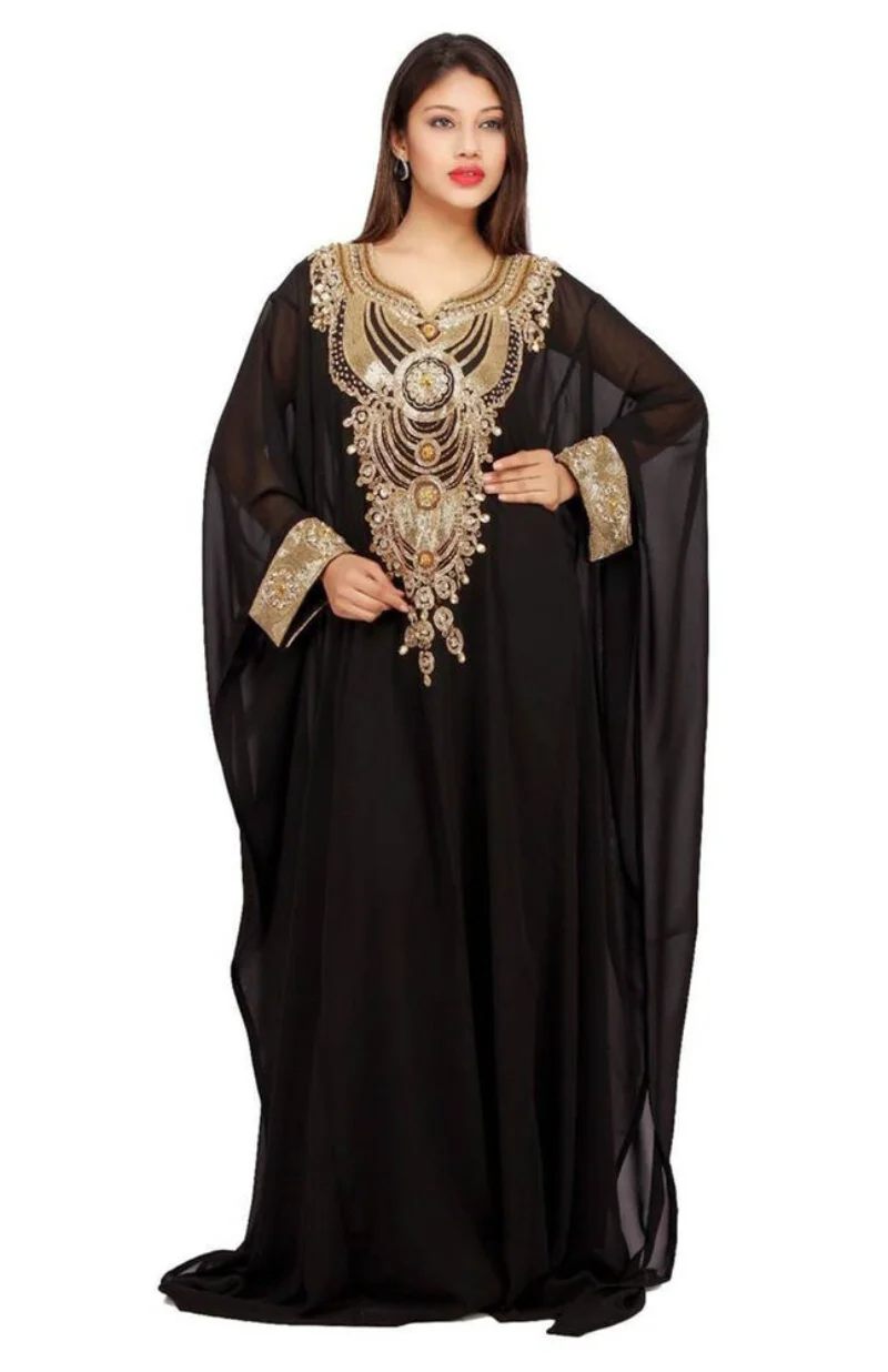 

Indian Women Dress Moroccon Black Georgette Glass Stone Dubai Gown Farasha Long Dress 56 Inches