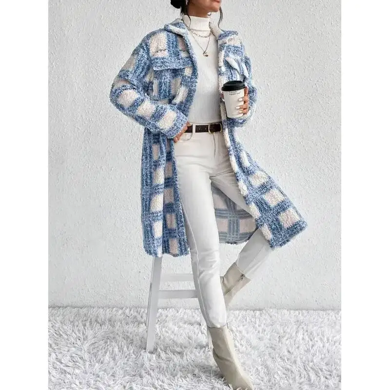 

Thickened Autumn Winter Plaid Women's With Pocket Flip Cover Long Sleeve Large Stylish Commuting Style Coat