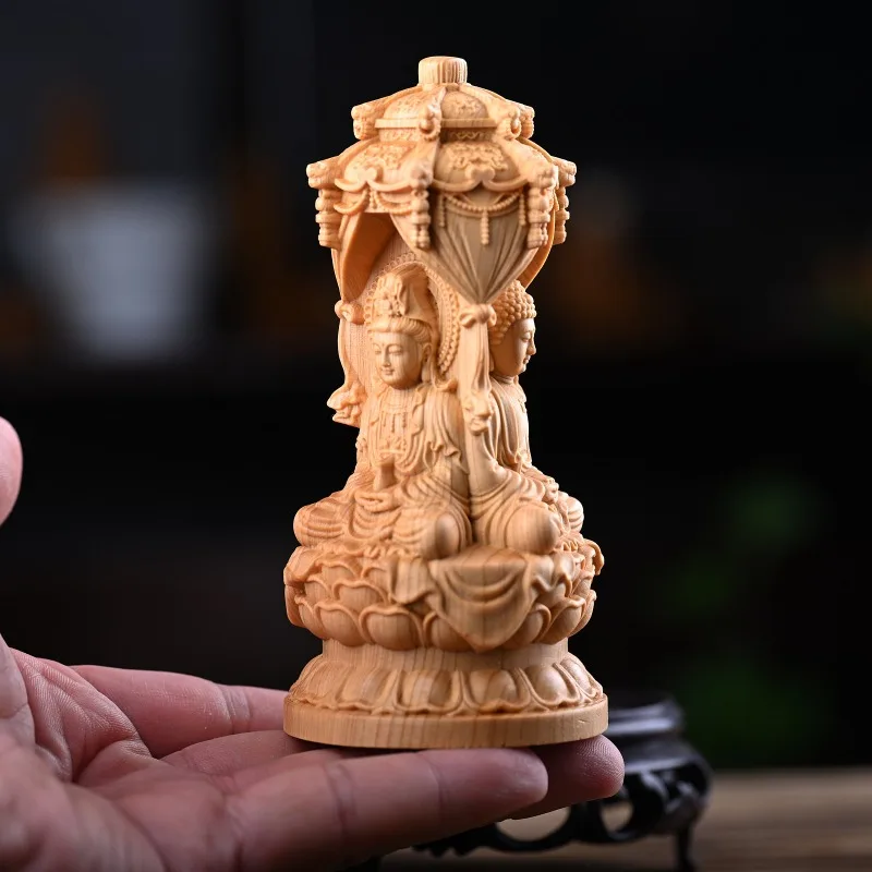 

Cliff cypress wood carving, Western Three Saints, Great Sun Buddha, Guanyin desktop handicraft decoration