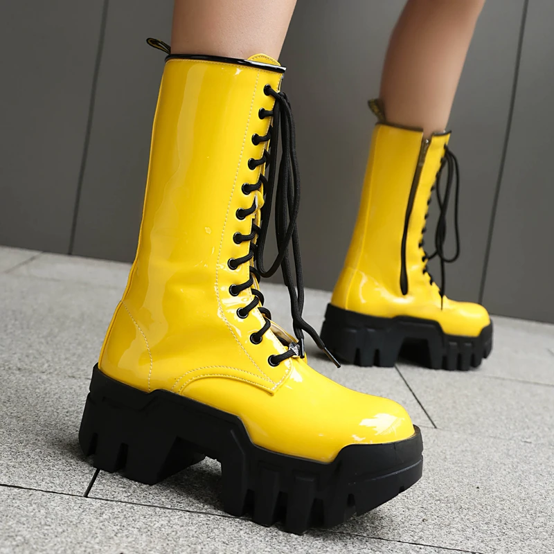 Lace Up Sexy Women\'s Winter Fashion Platform Short Boots Punk High Heels Black Yellow Orange Zip Ankle Boots Autumn Gothic Shoes