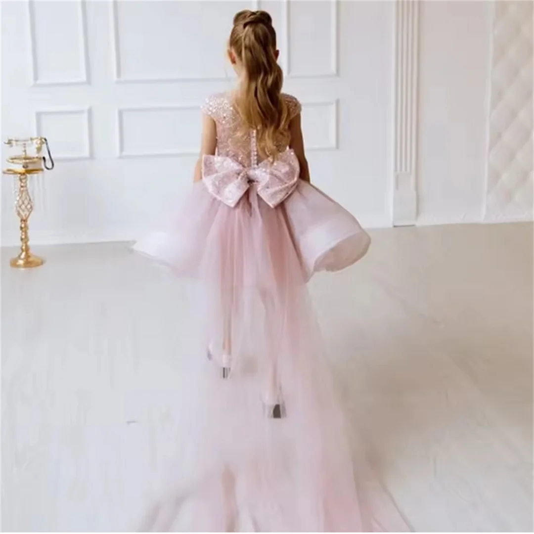 Vestido Personalizado para Dama de Honra Rosa com Lantejoulas, Laço e Cauda, Sem Mangas, para Casamento, Baile de Formatura, Festa de Aniversário, Banquete, Vestidos de Princesa