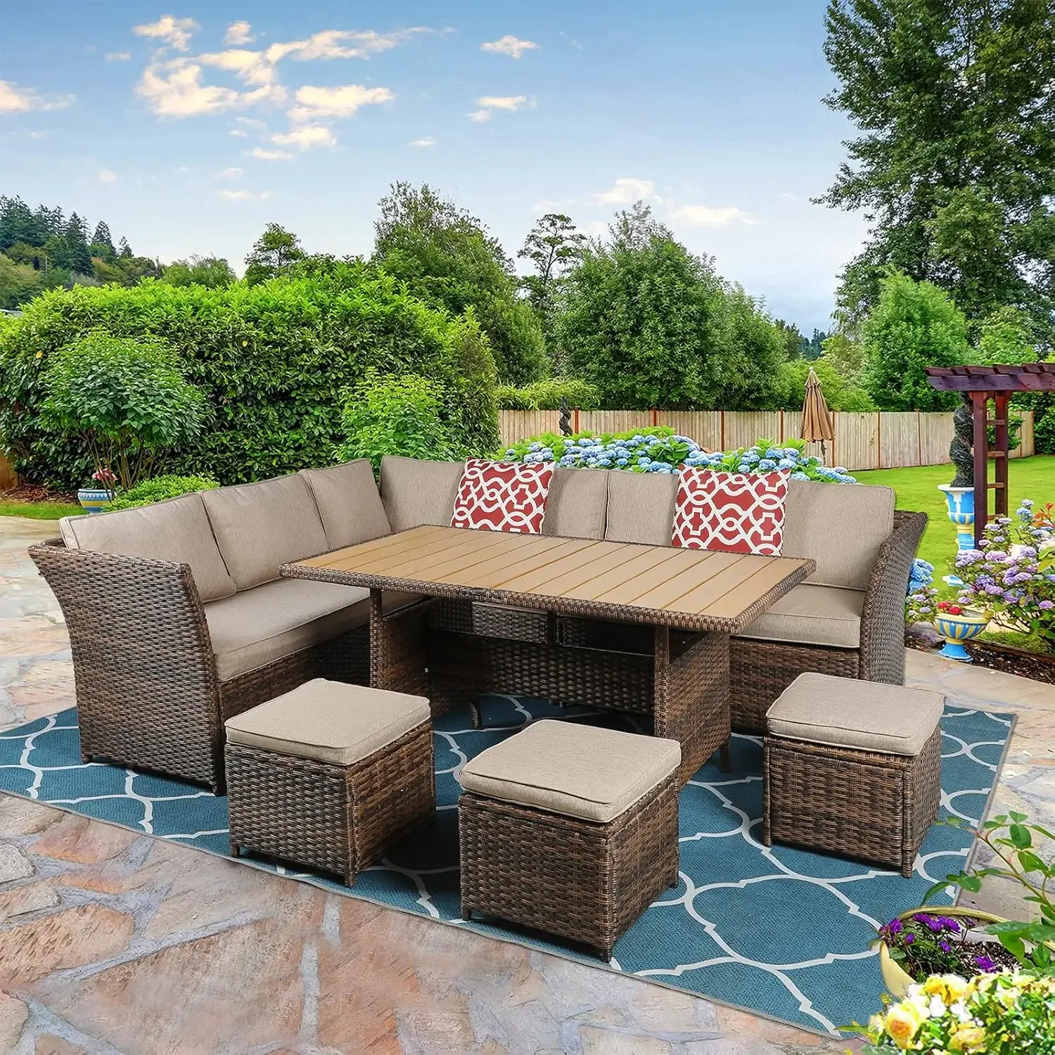 

7 Pieces Wicker Patio Furniture Set Outdoor Conversation Set All Weather Rattan Sectional Sofa Couch Garden Dining Table Chair