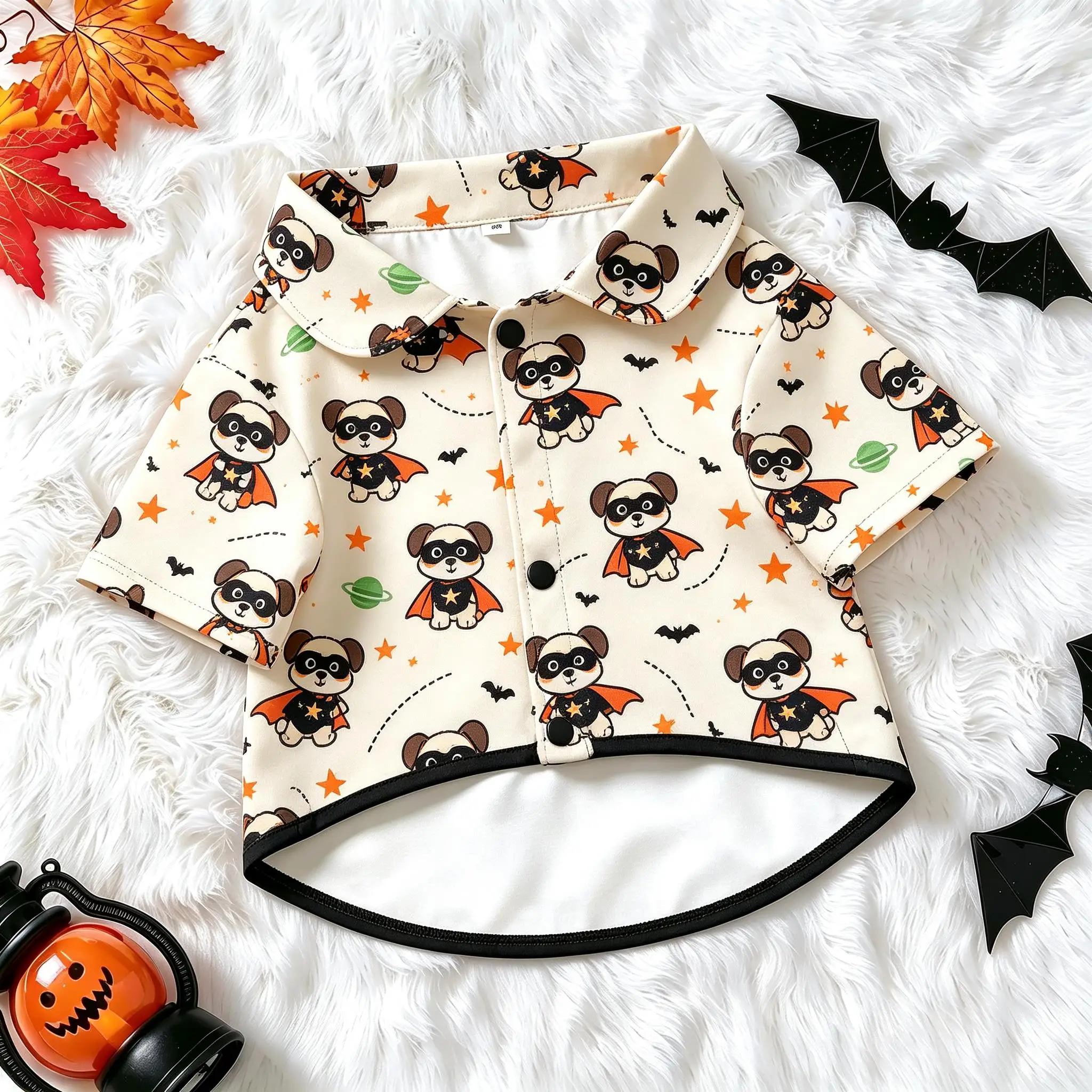 Pet Dog Shirt Beige Superhero Panda Cape Print Lightweight Button Up for Small Medium Dogs Cute Space Theme Daily Wear