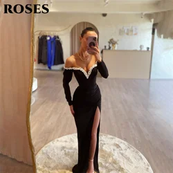 ROSES Black Mermaid Formal Dress Pearls V Neck Full Sleeve Party Dress For Wedding Side Split Special Occasion Dress robe soirée