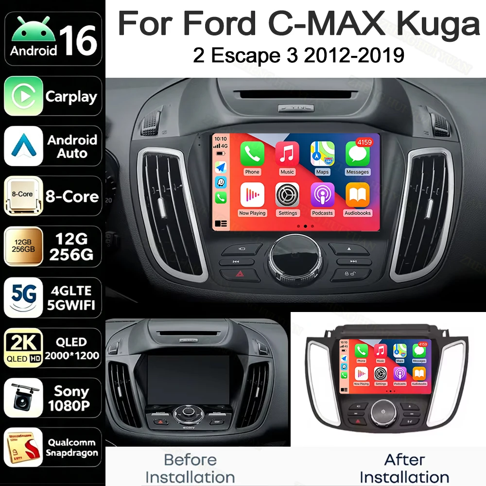 Android 16 Autoradio für Ford C-MAX Kuga 2 Escape 3 2012-2019 Multimedia-Videoplayer Kabelloses Carplay BT Auto 5G Stereo DSP RSD
