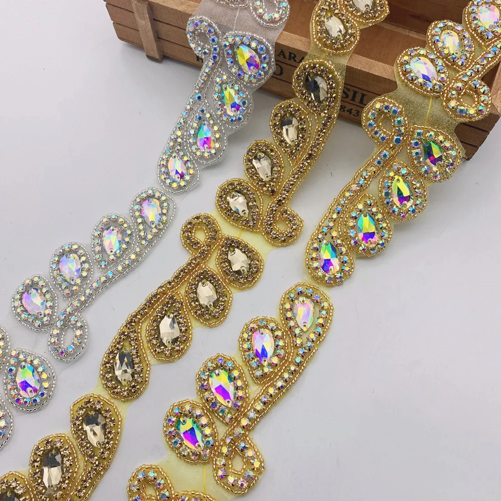 

5yards Crystal Motif Strass Hot Fix Rhinestone Tape Ribbon With Rhinestones Iron On Appliques for wedding belt dress