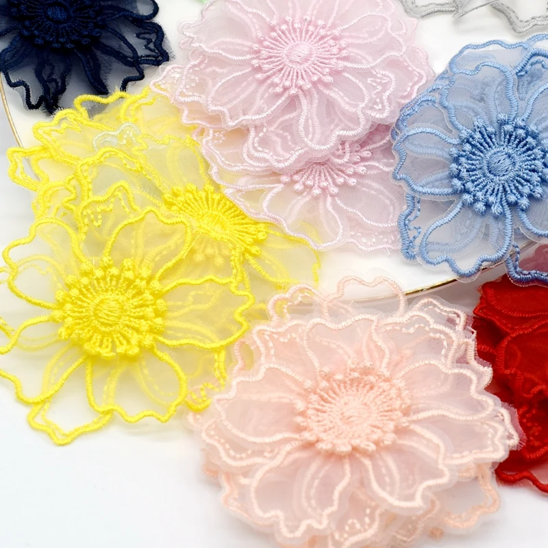 5PCS 6.5cm High Quality Organza Embroidery Lace Patch Trim Clothes 3D Flower Wedding Dress DIY Sew On Applique Decoration