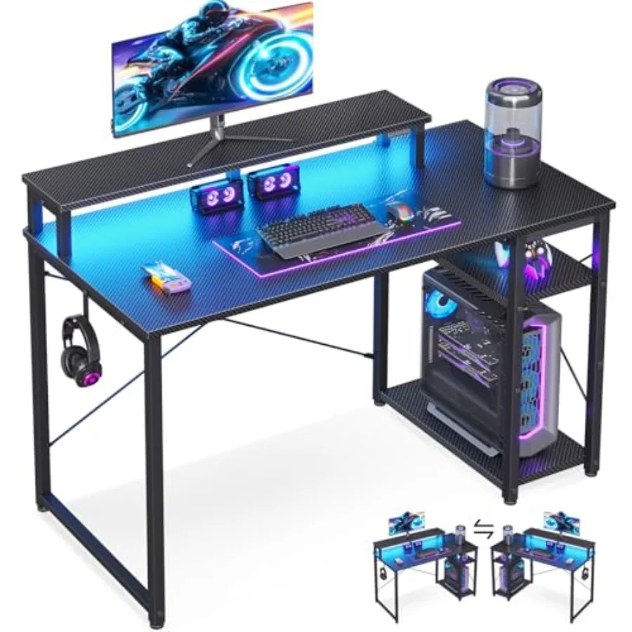 

Small Gaming Desk with Storage LED Lights Computer Desk with Shelf in Carbon Fiber Texture Black Reversible Gamer Desk with Mon
