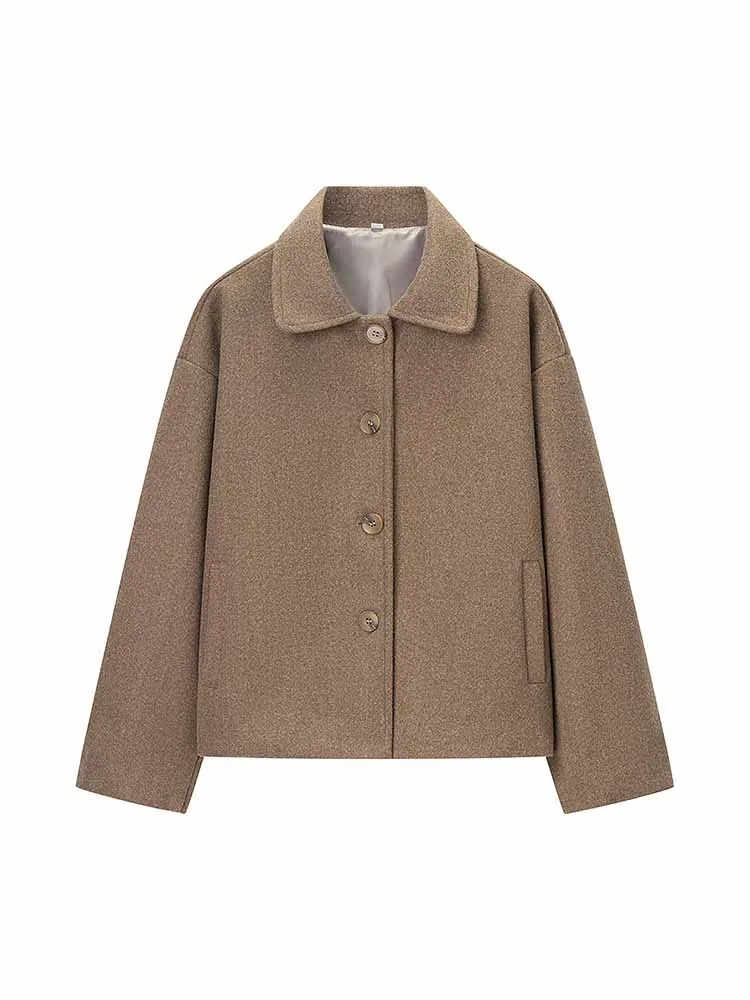 HH femme début du printemps mode manches longues couleur unie simple boutonnage revers ample court manteau femme décontracté Style de rue veste